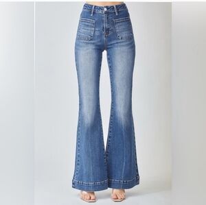 RISEN High Rise Front Patch Pocket Flare Leg Jeans - Size 27 NWT